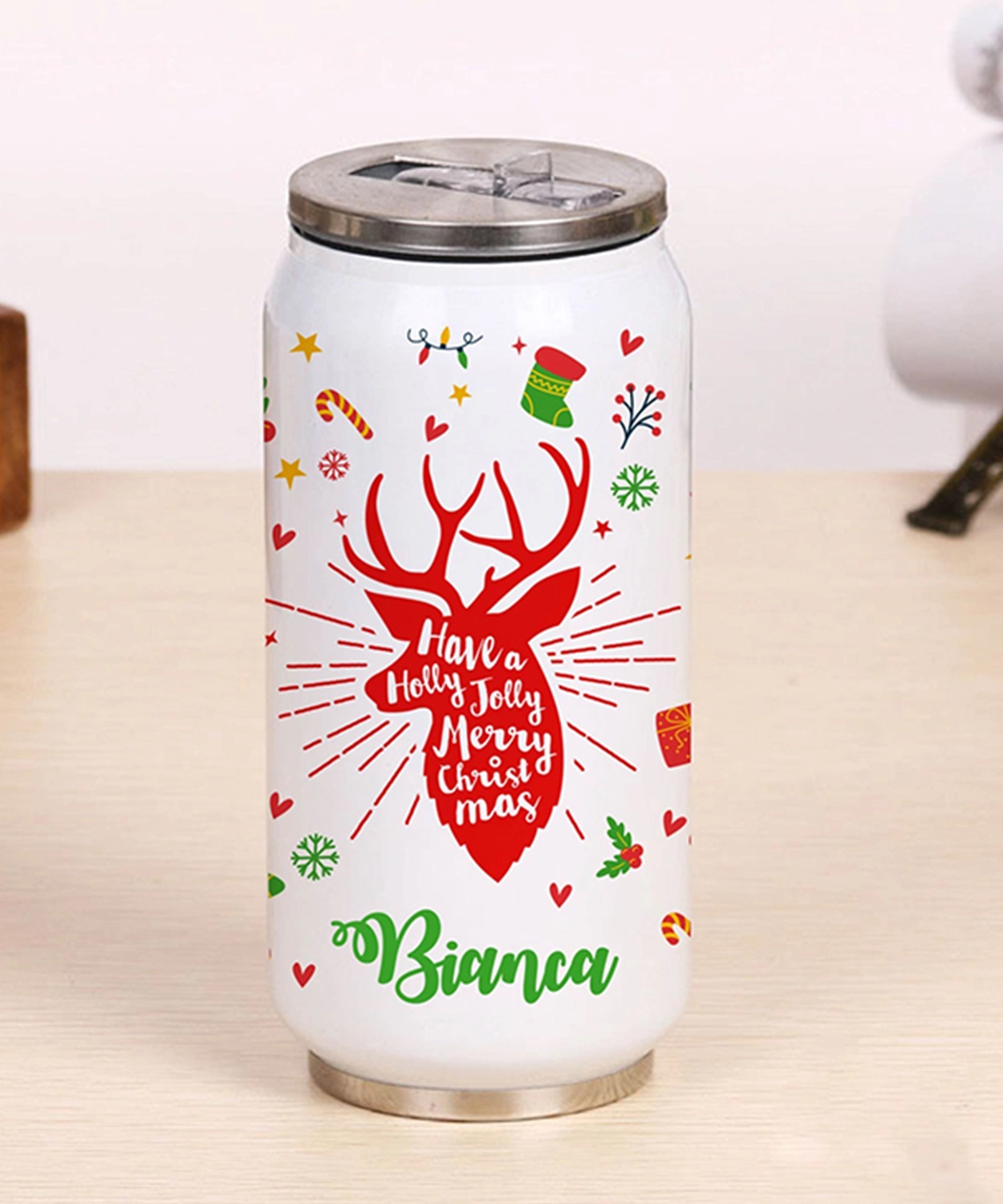 Personalize Can Sipper Bottle- Reindeer