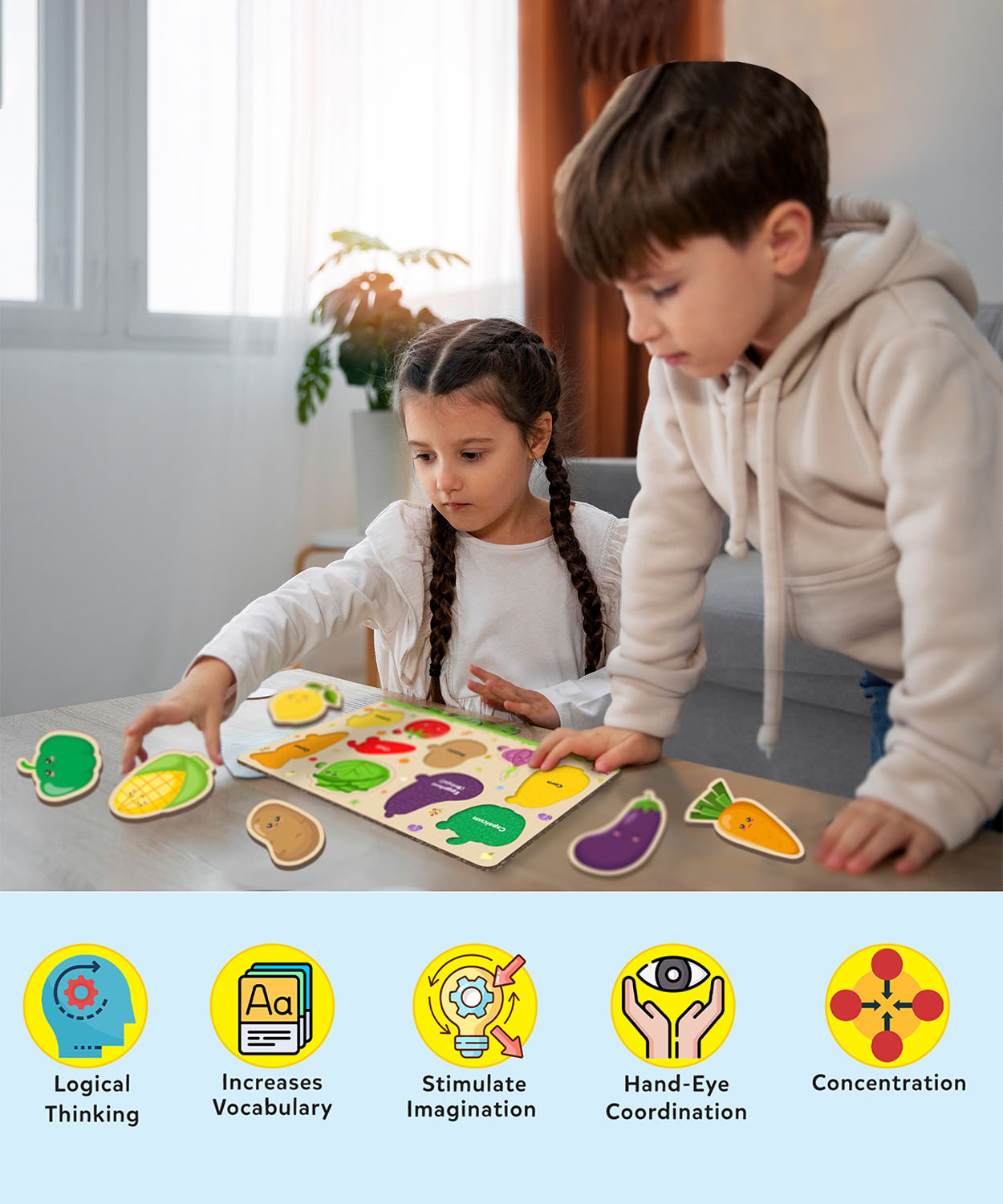 Vegetables Puzzle Tray - Knob And Peg Puzzle- 10 Pegs