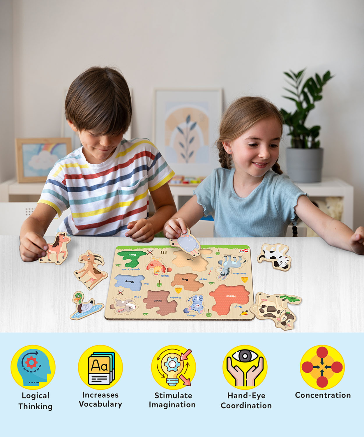 Farm Animals Puzzle Tray - Knob And Peg Puzzle- 10 Pegs