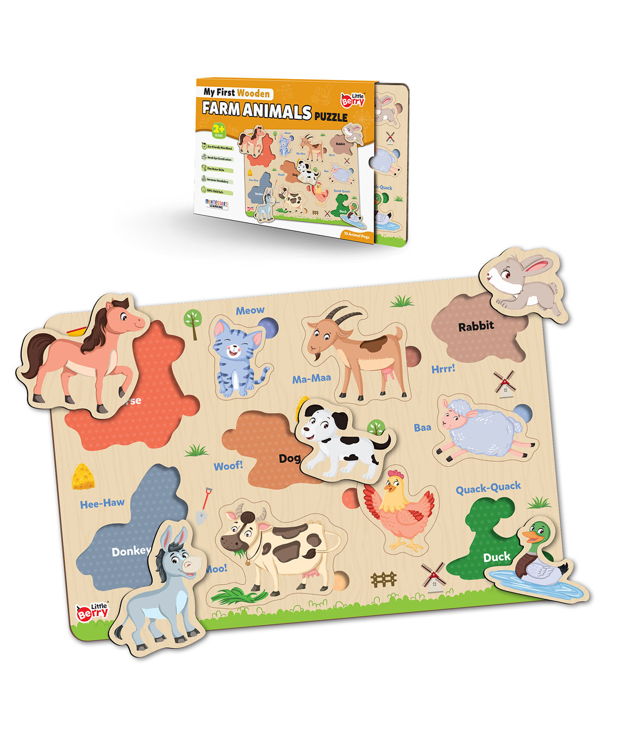 Farm Animals Puzzle Tray - Knob And Peg Puzzle- 10 Pegs