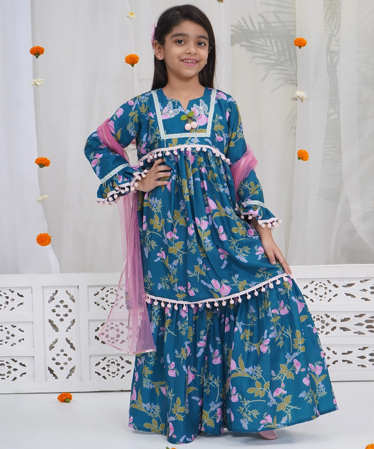 Turquoise Green Muslin Tulip Kurta Sharara Set with Pom Pom Work and Dupatta