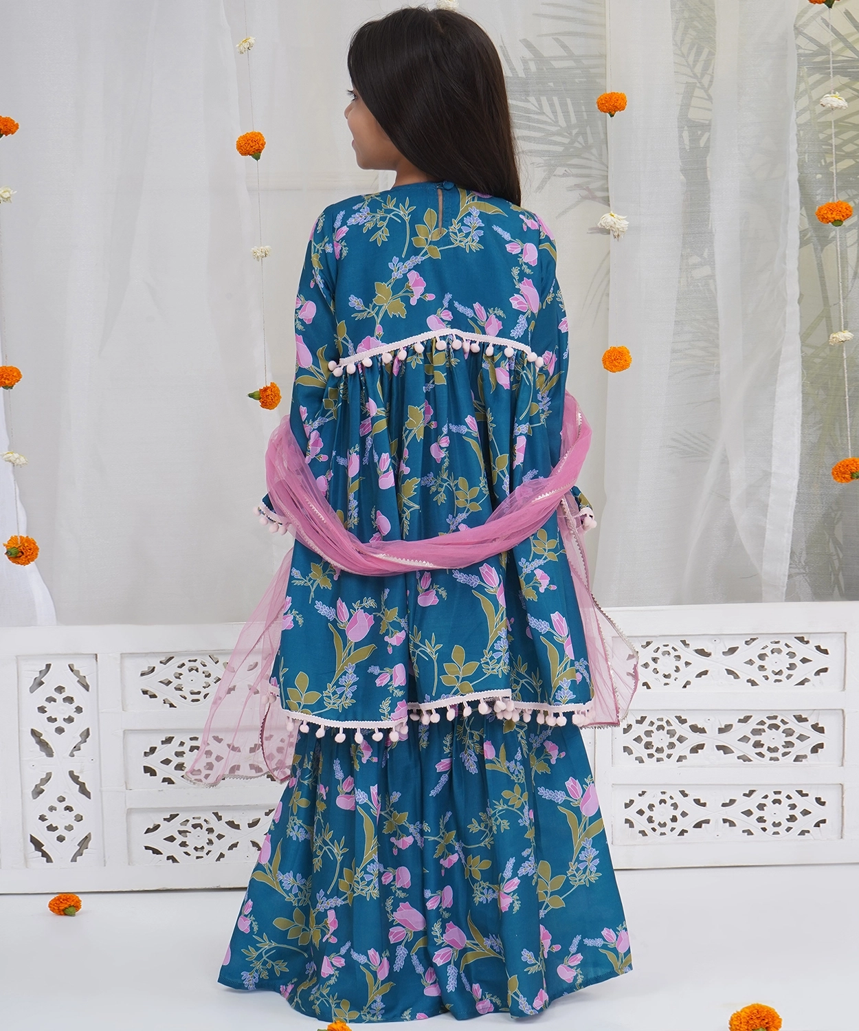 Turquoise Green Muslin Tulip Kurta Sharara Set with Pom Pom Work and Dupatta