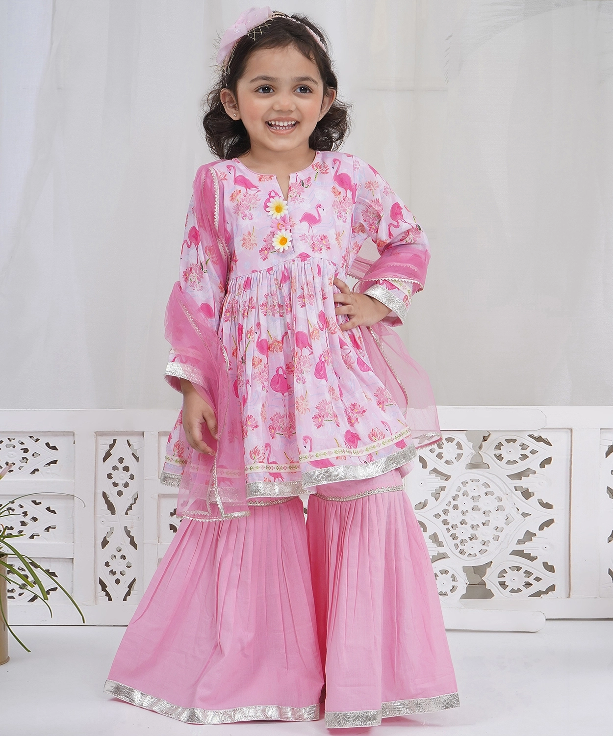 Pink Muslin Flamingo Kurta Sharara Set with Dupatta and Cotton Lining