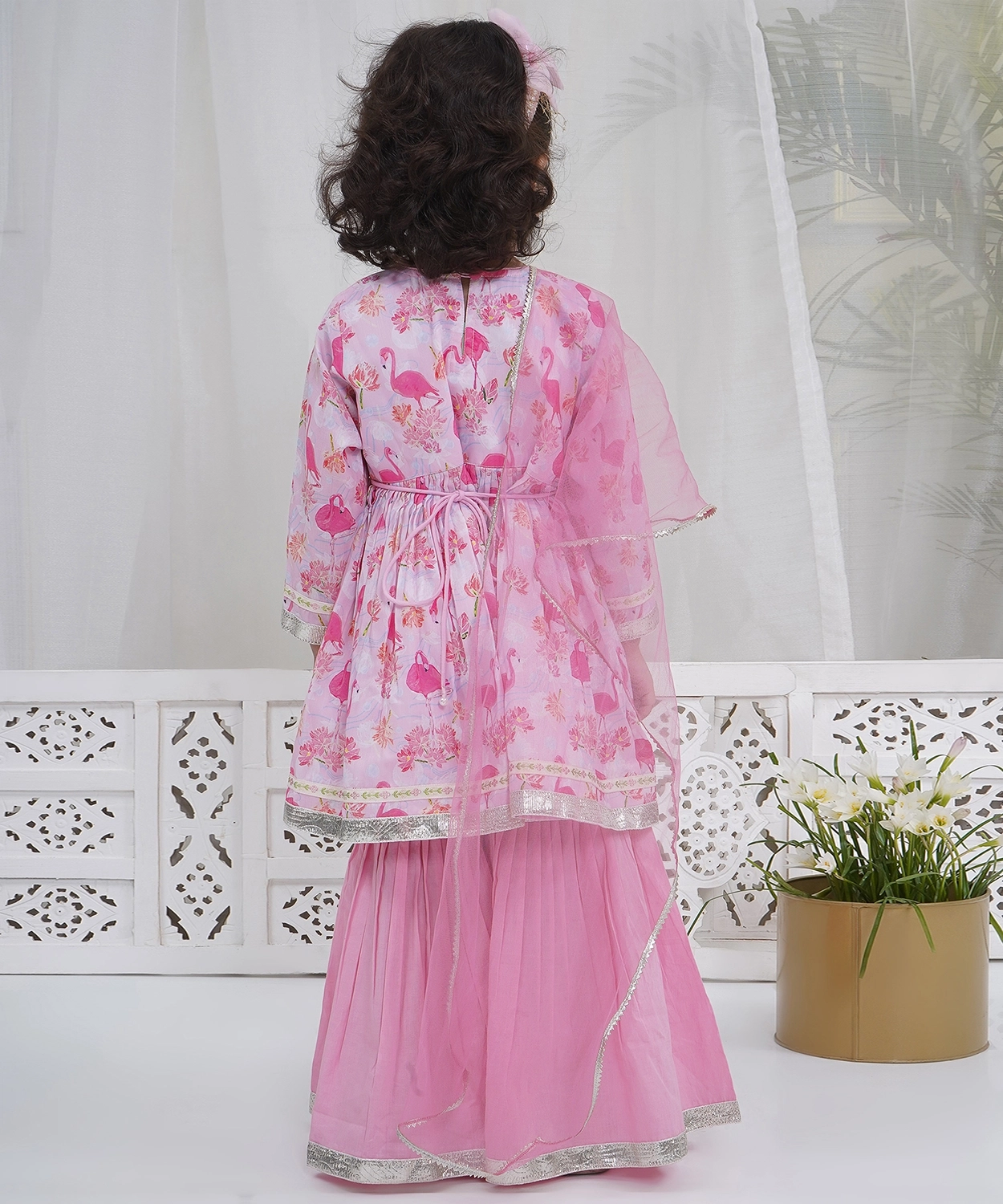 Pink Muslin Flamingo Kurta Sharara Set with Dupatta and Cotton Lining