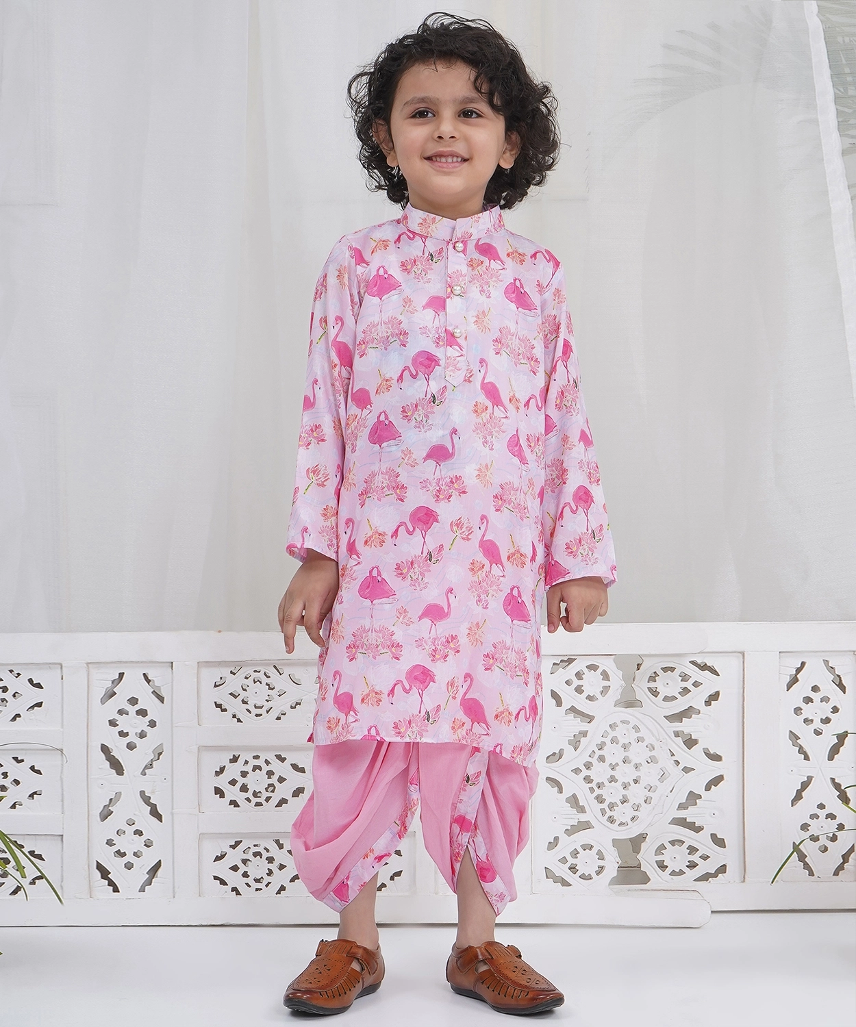 Muslin Full Sleeves Flamingo Kurta with Cotton Dhoti