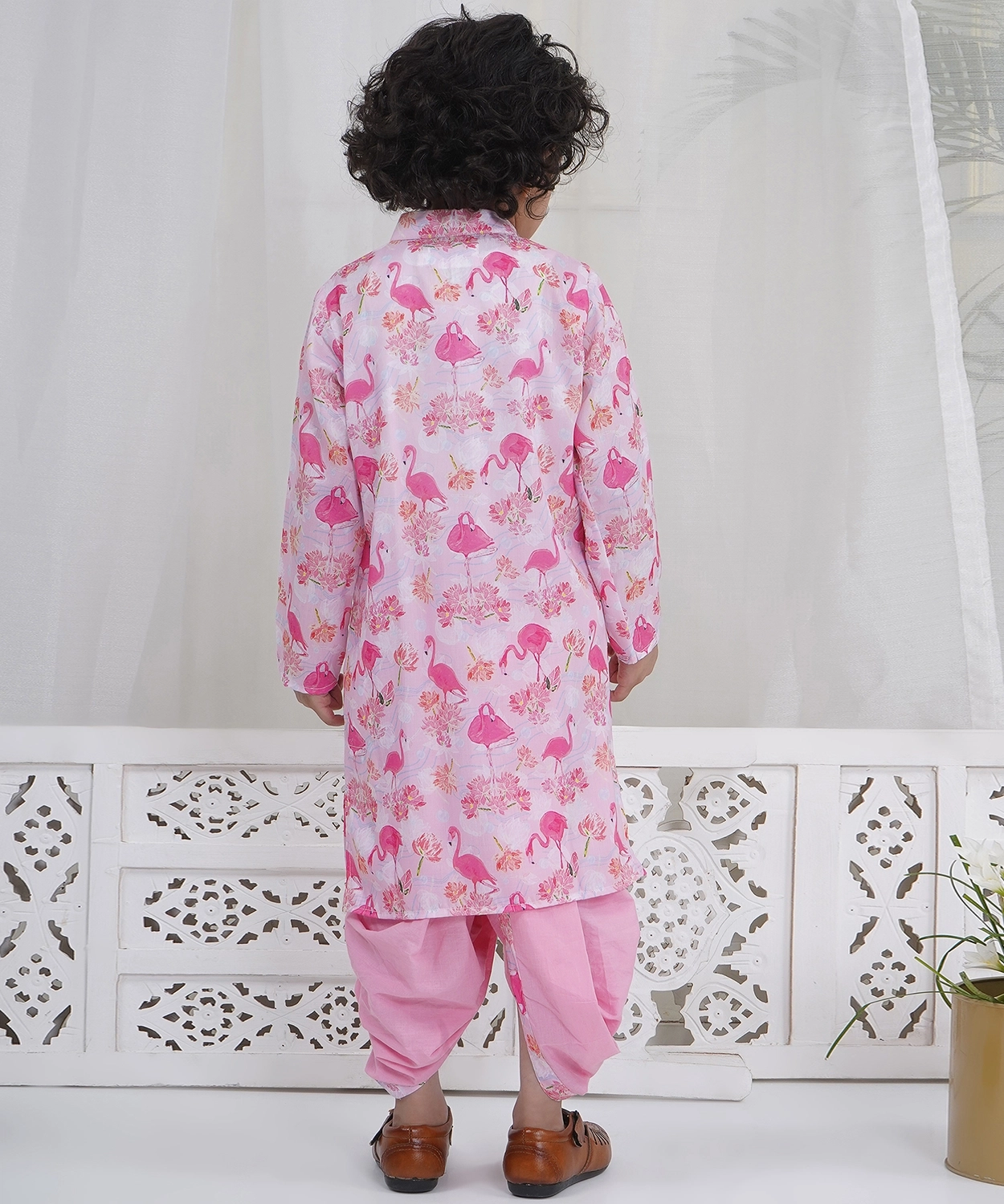 Muslin Full Sleeves Flamingo Kurta with Cotton Dhoti
