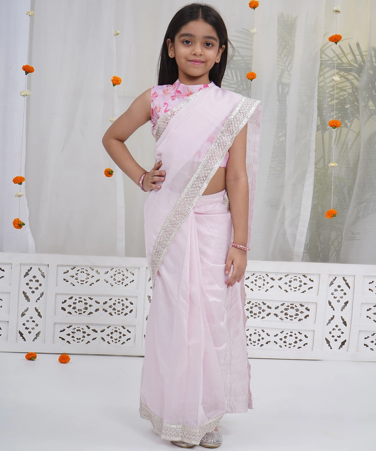 Muslin Sleeveless Flamingo Blouse with Chanderi Saree