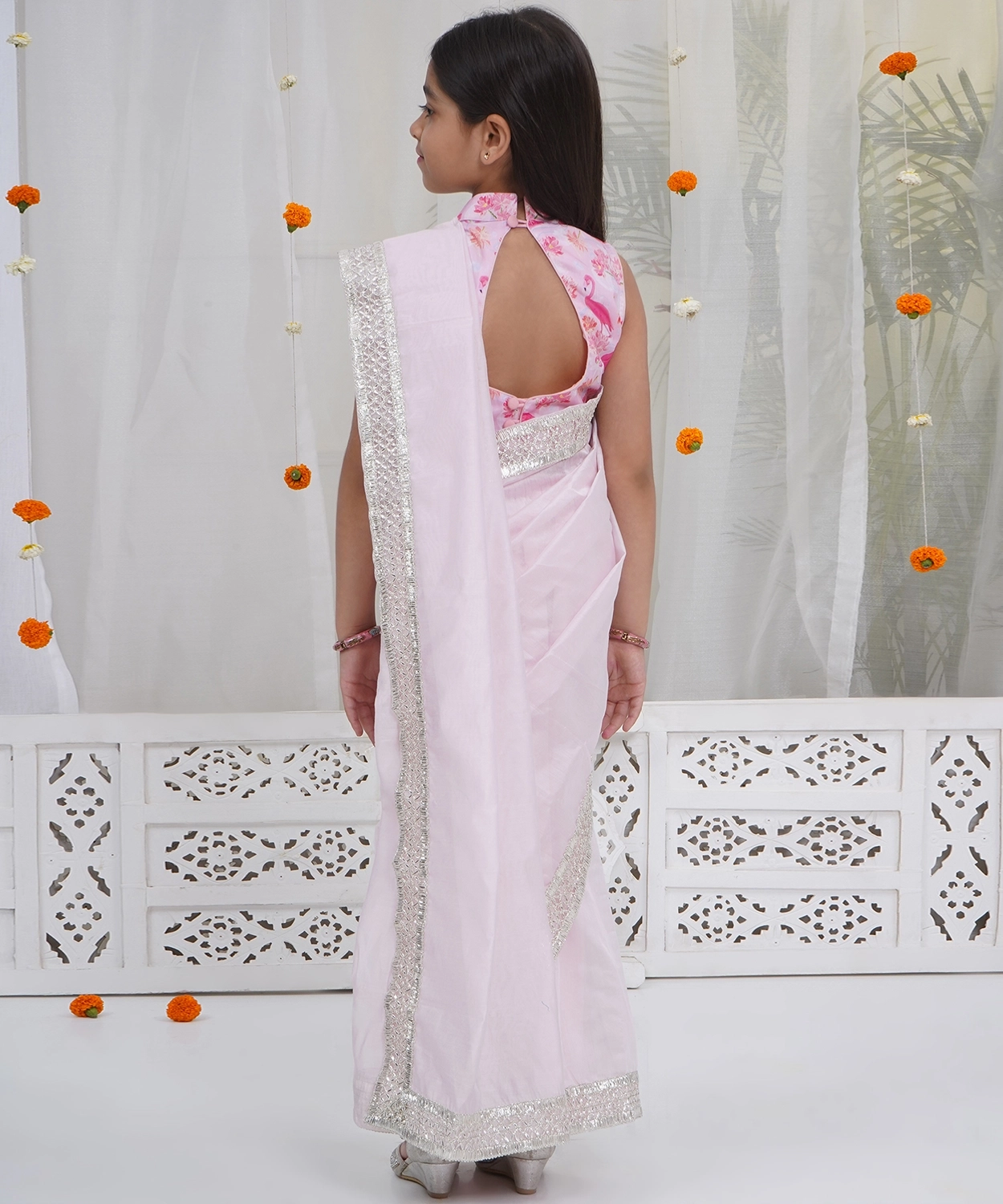 Muslin Sleeveless Flamingo Blouse with Chanderi Saree
