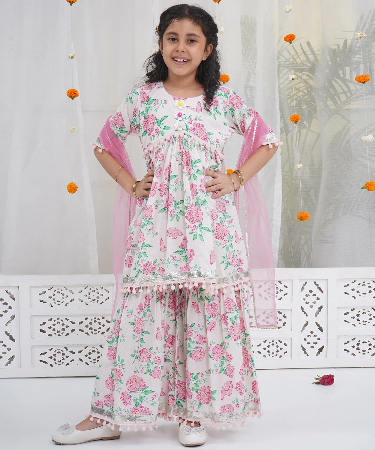 Half Sleeves Floral Butterfly Kurta Frock with Hand work with Sharara and Dupatta - Light Pink