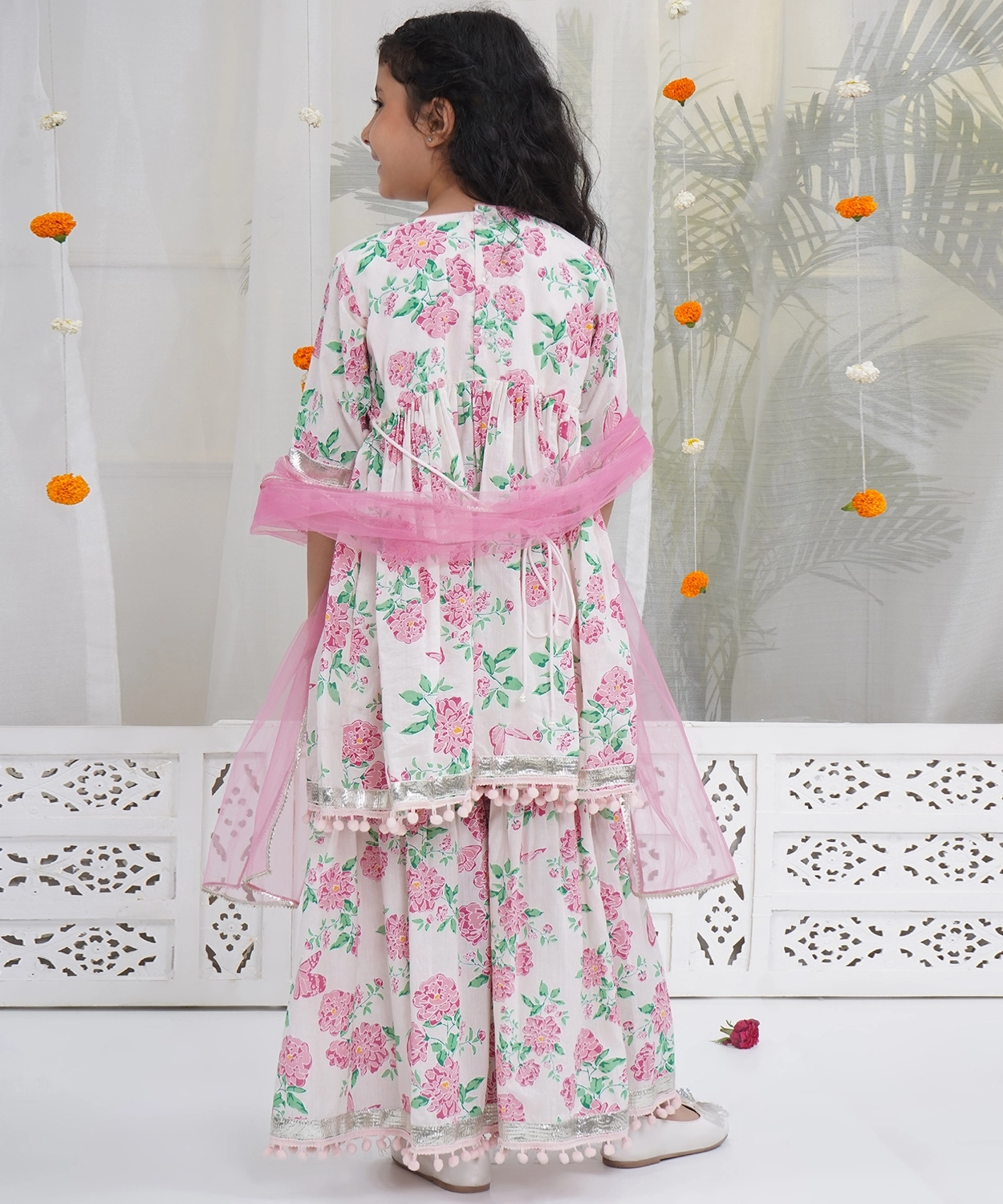 Half Sleeves Floral Butterfly Kurta Frock with Hand work with Sharara and Dupatta - Light Pink