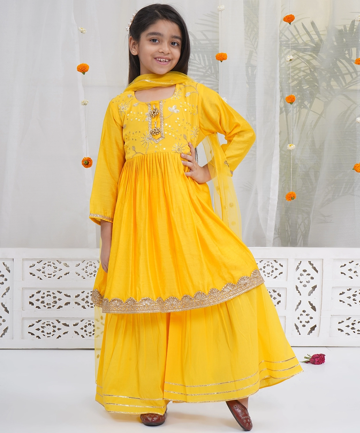 Chanderi Silk Three Fourth Sleeves Kurta with Sharara & Dupatta - Yellow