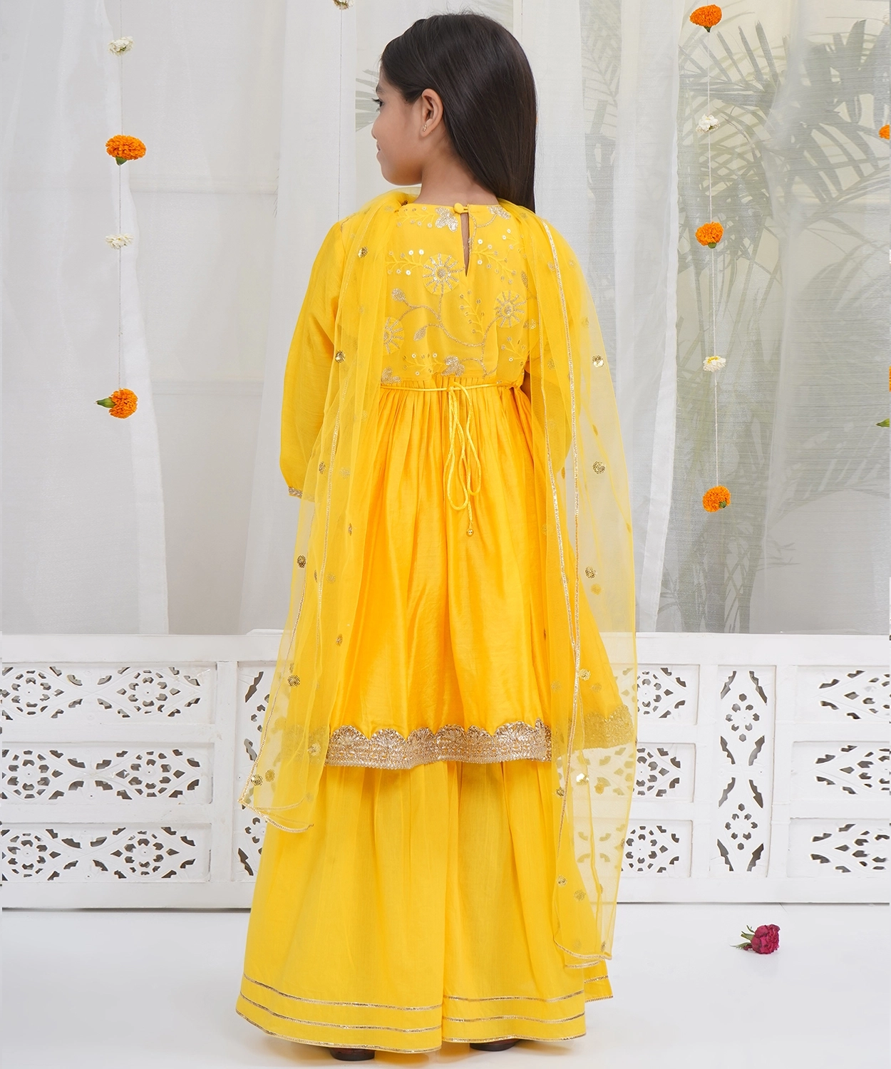 Chanderi Silk Three Fourth Sleeves Kurta with Sharara & Dupatta - Yellow