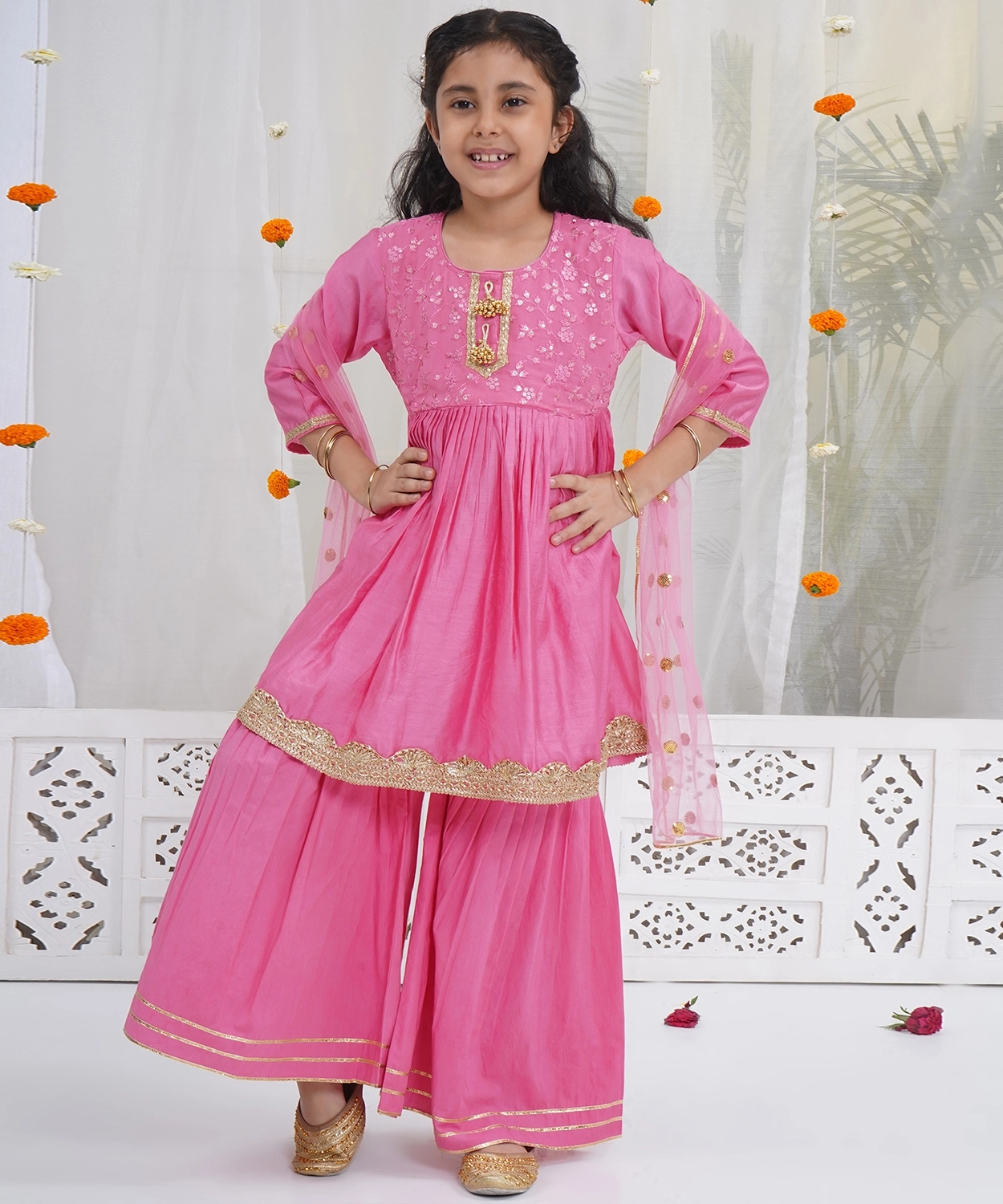 Cranberry Pink Chanderi Silk Forest Tapestry Embroidery Kurta Sharara Set with Dupatta