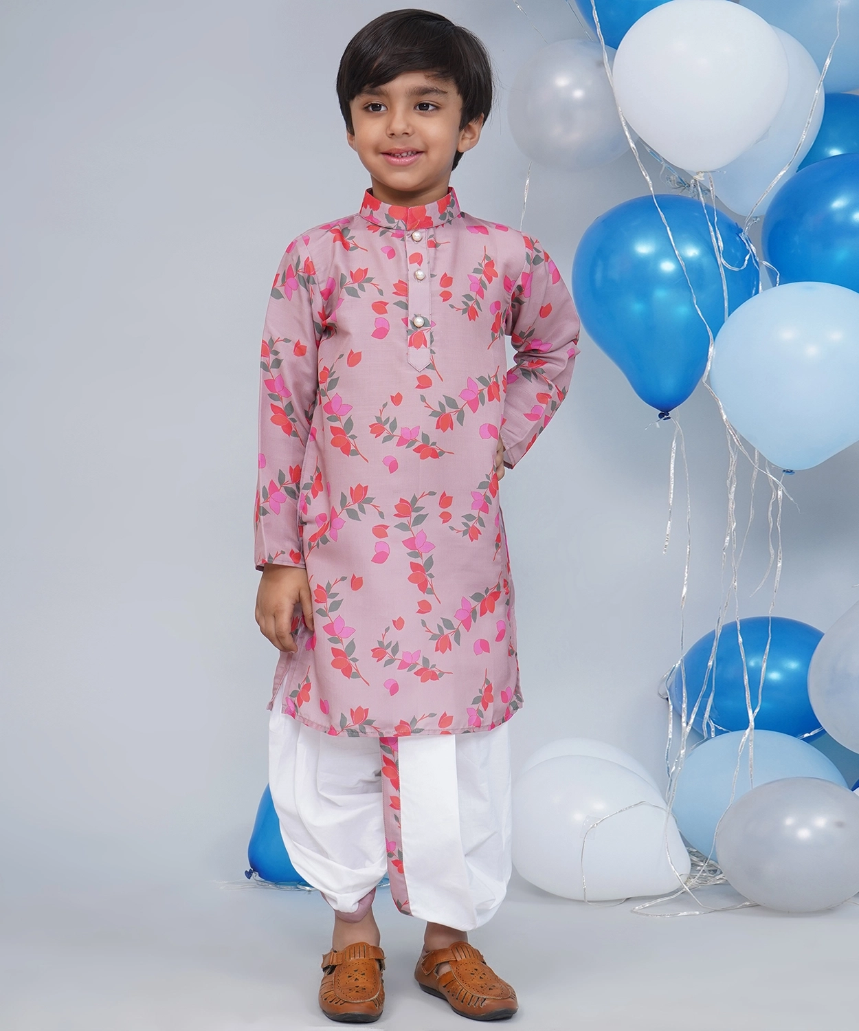 Muslin Full Sleeves Floral Bliss Kurta with Cotton Dhoti - Dusky Rose