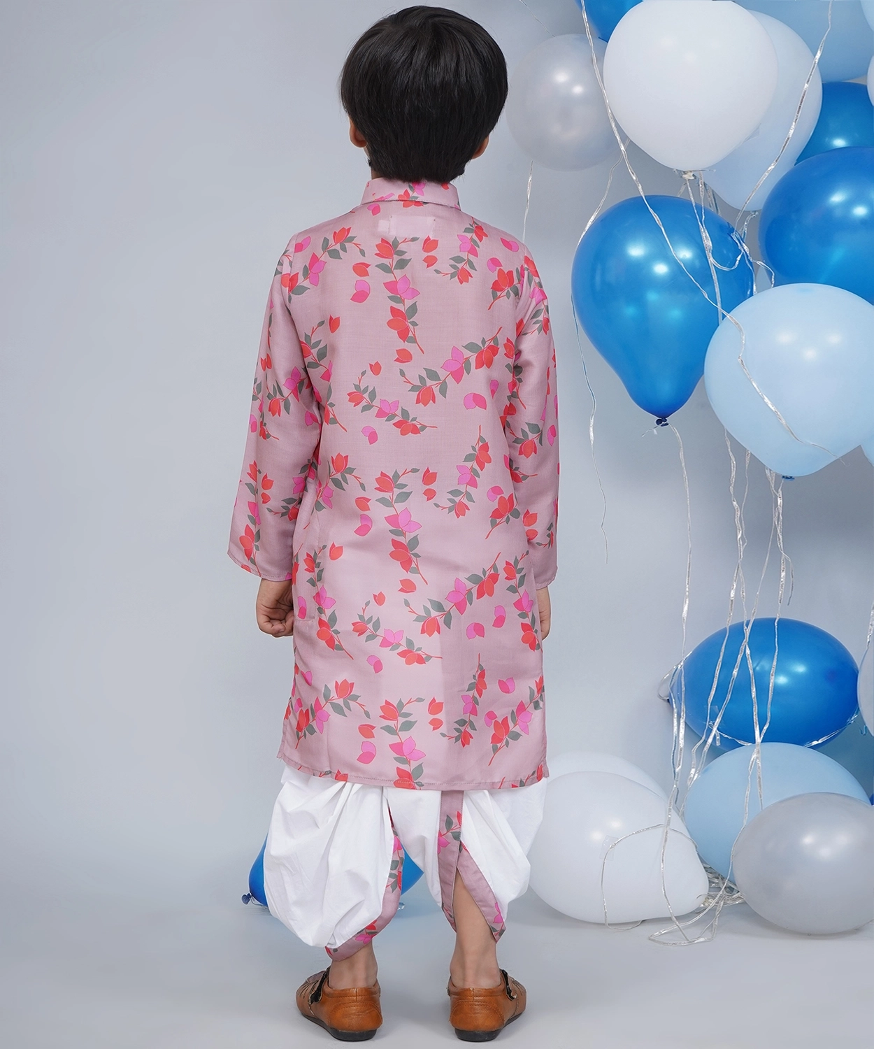 Muslin Full Sleeves Floral Bliss Kurta with Cotton Dhoti - Dusky Rose