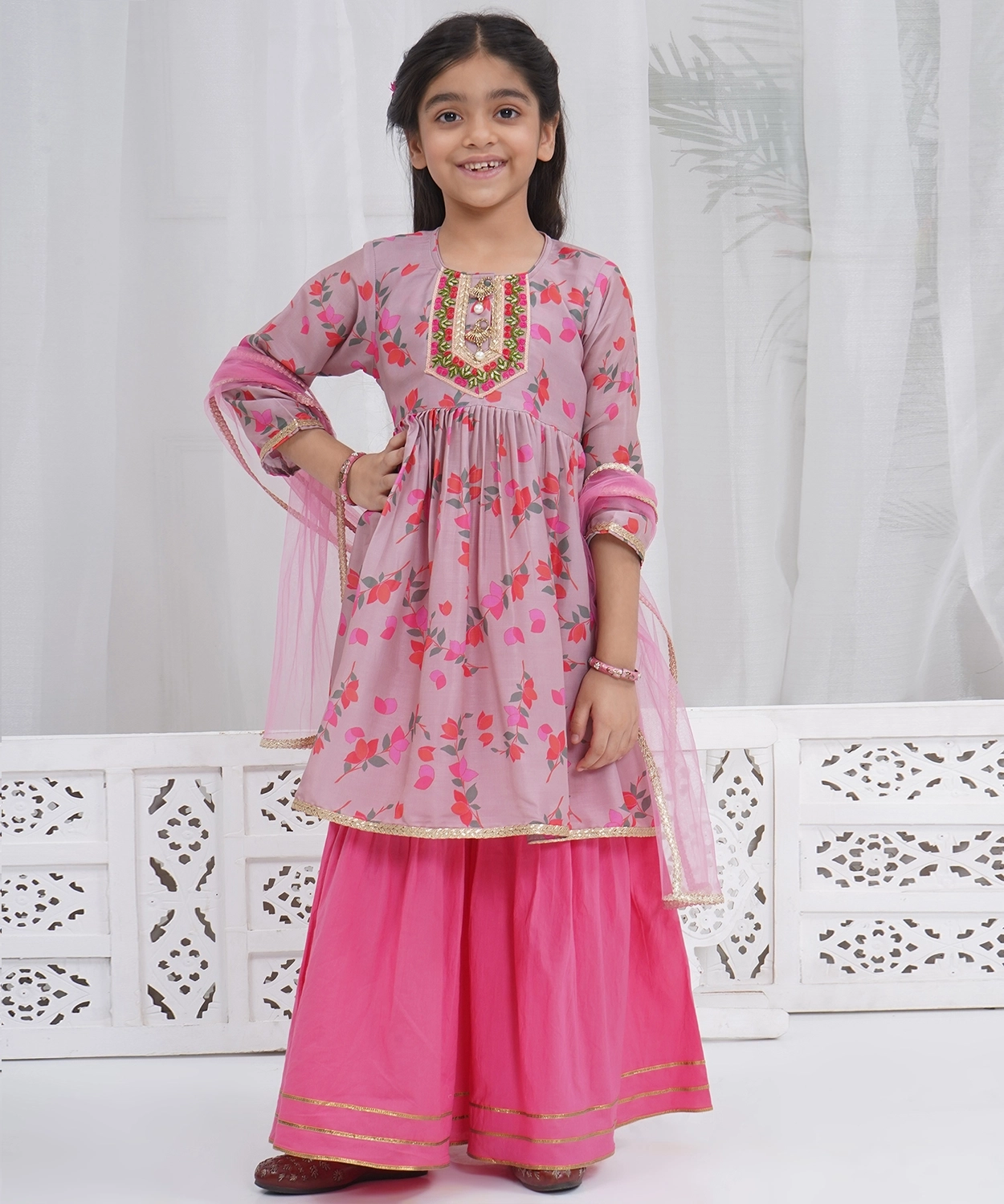 Dusky Rose Muslin Floral Bliss Kurta Sharara Set with Dupatta & Cotton Lining