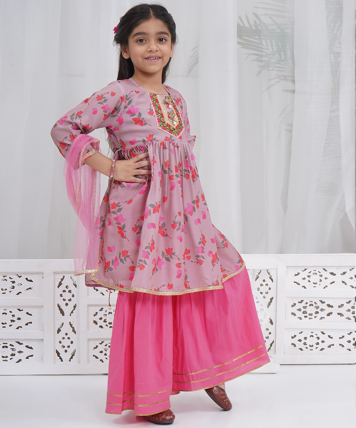 Dusky Rose Muslin Floral Bliss Kurta Sharara Set with Dupatta & Cotton Lining