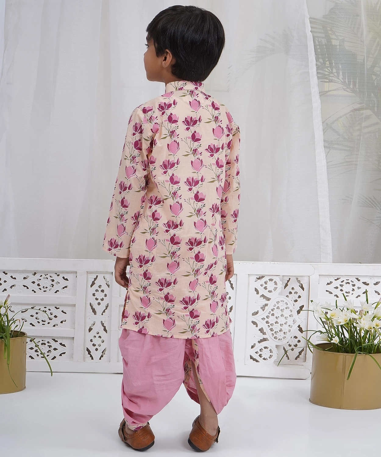 Cotton Full Sleeves Lotus Kurta with Dhoti - Peach