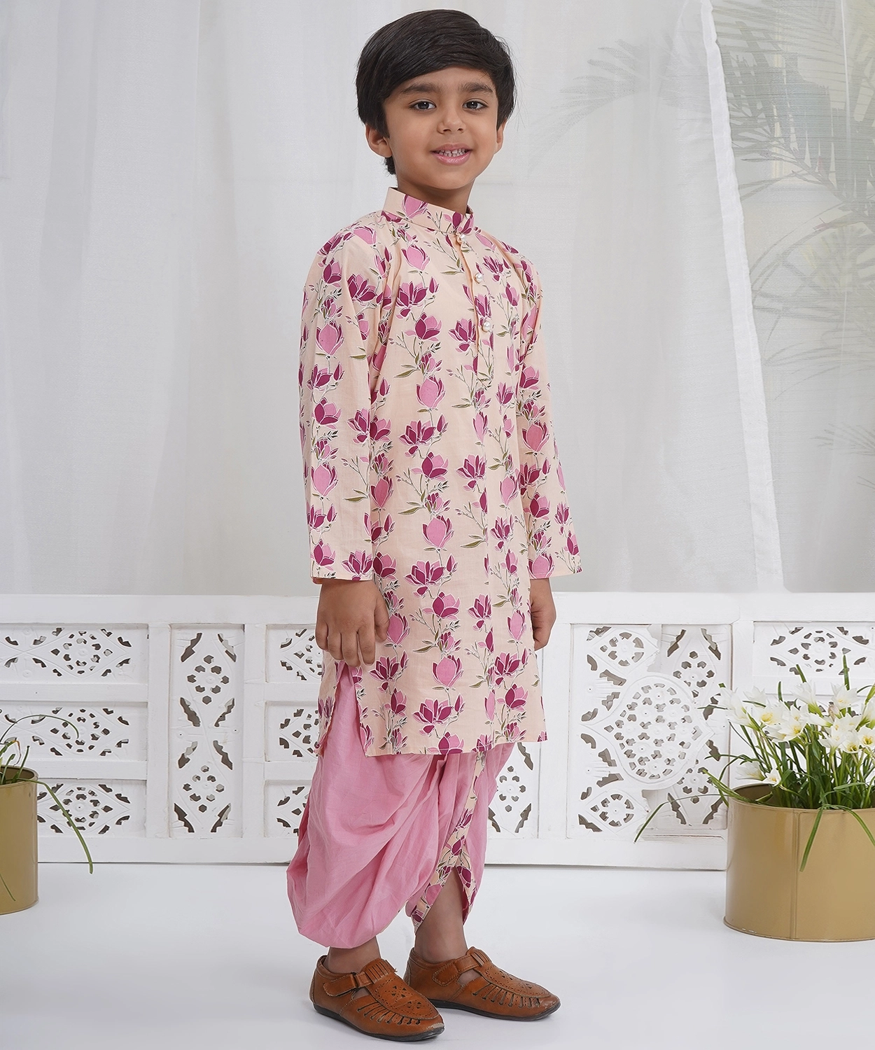 Cotton Full Sleeves Lotus Kurta with Dhoti - Peach