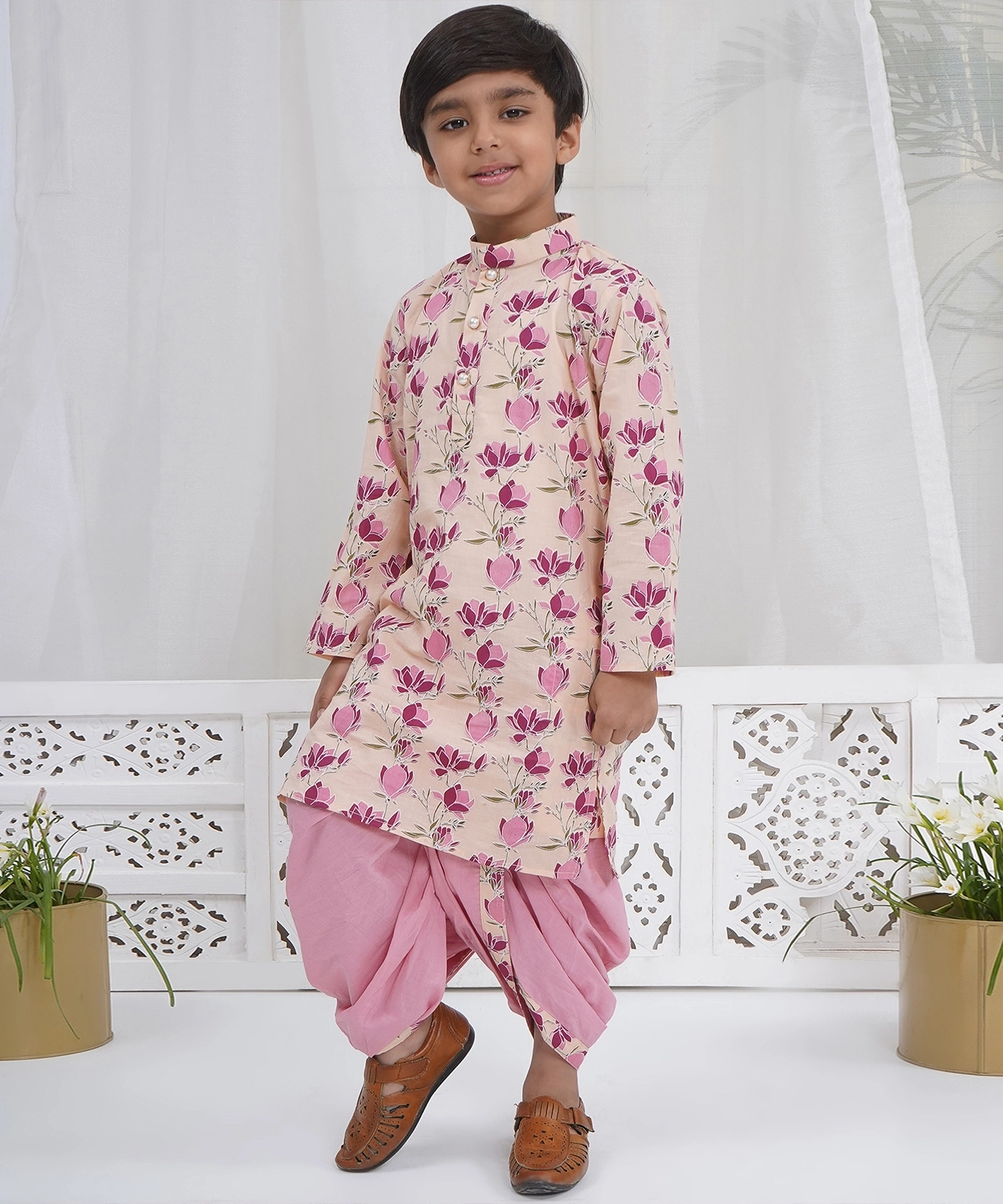 Cotton Full Sleeves Lotus Kurta with Dhoti - Peach