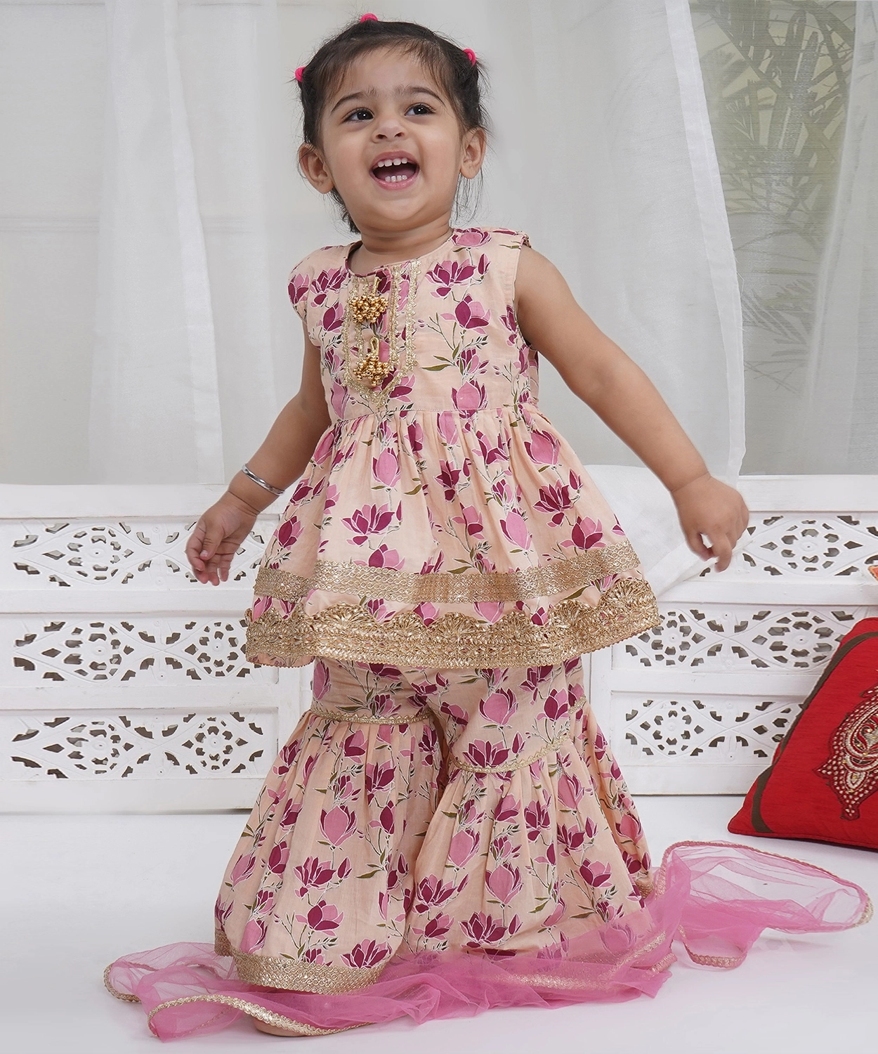 Peach Cotton Lotus Lacework Kurta Sharara Set with Dupatta