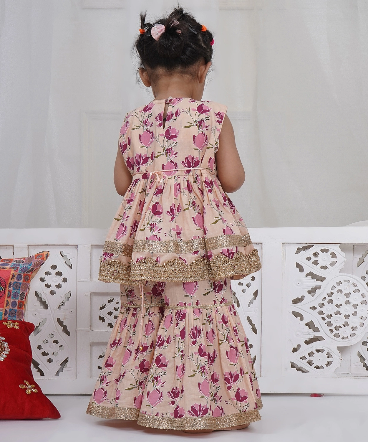 Peach Cotton Lotus Lacework Kurta Sharara Set with Dupatta