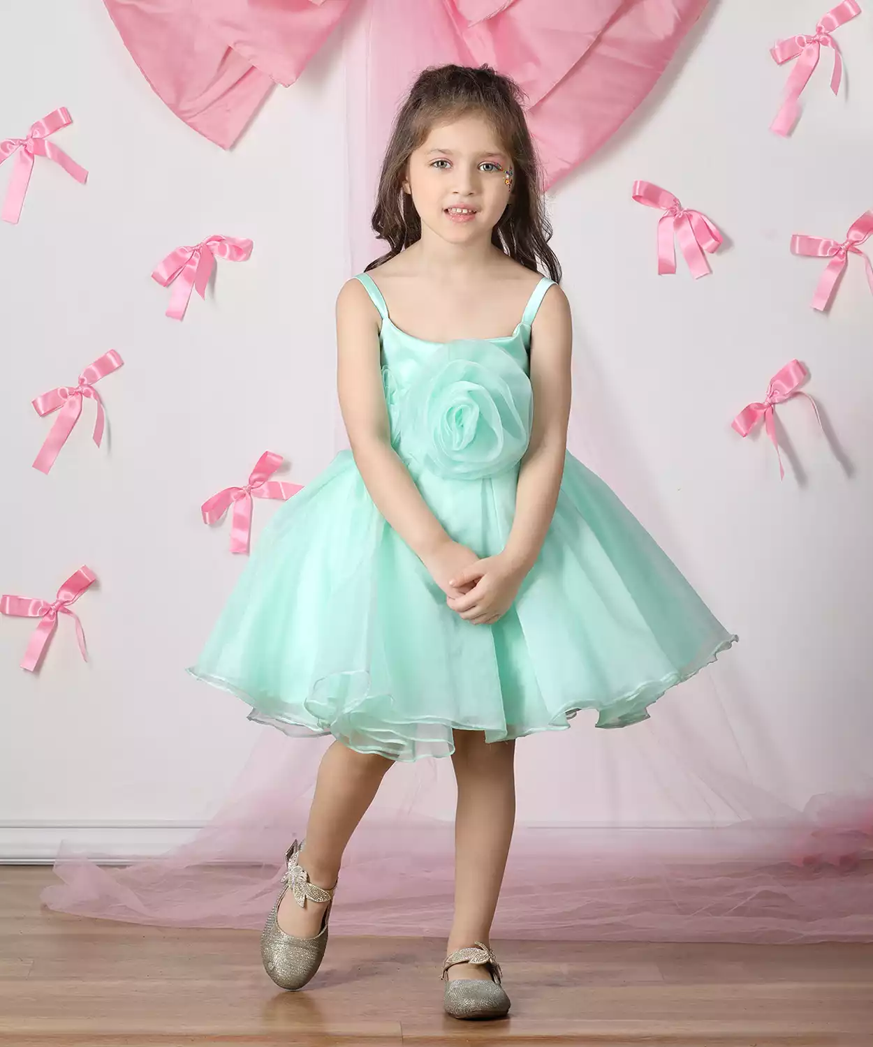 Net Dress With 3D Flowers And Flare