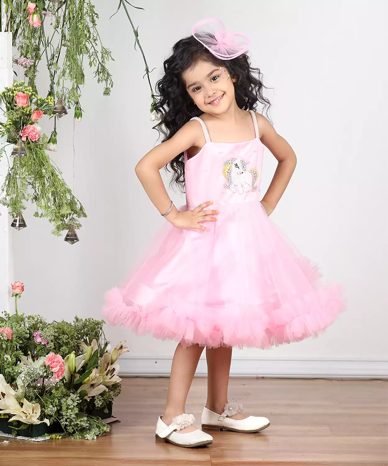 Unicorn Embroidered Dress With Tulles N Hair Clip