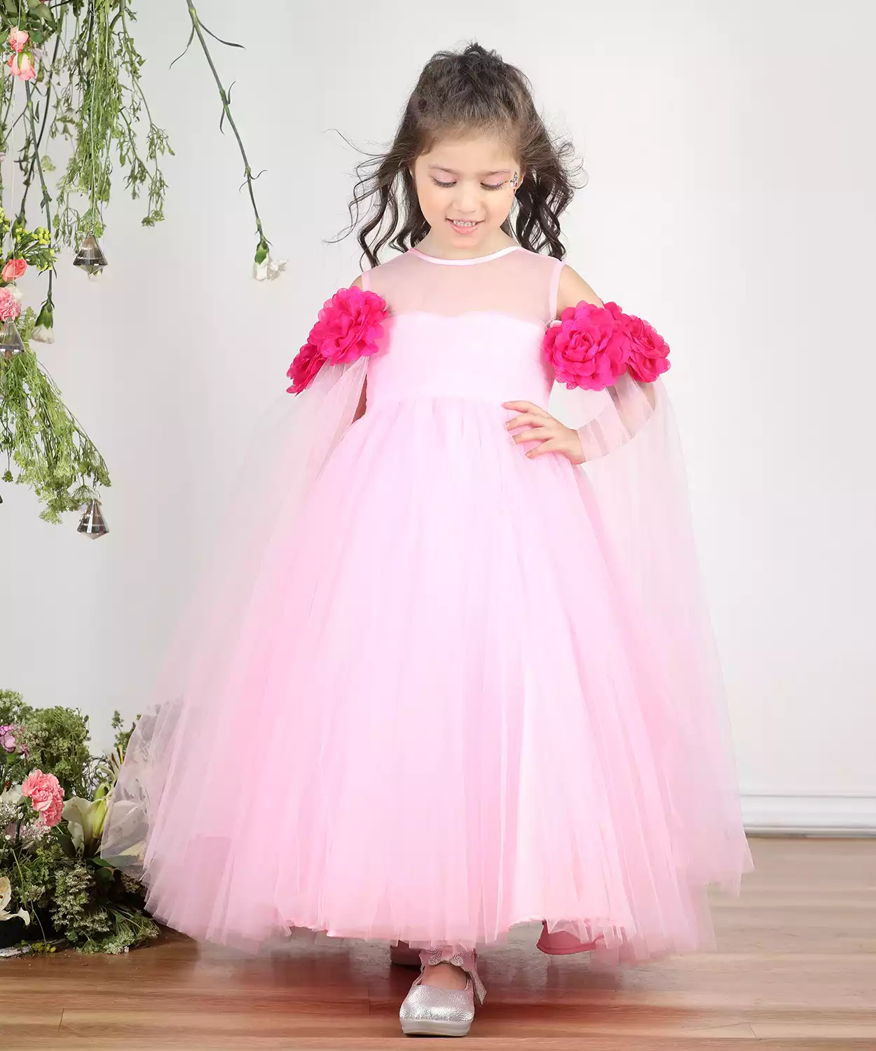 Gown With Drapes And 3D Flower Detailing