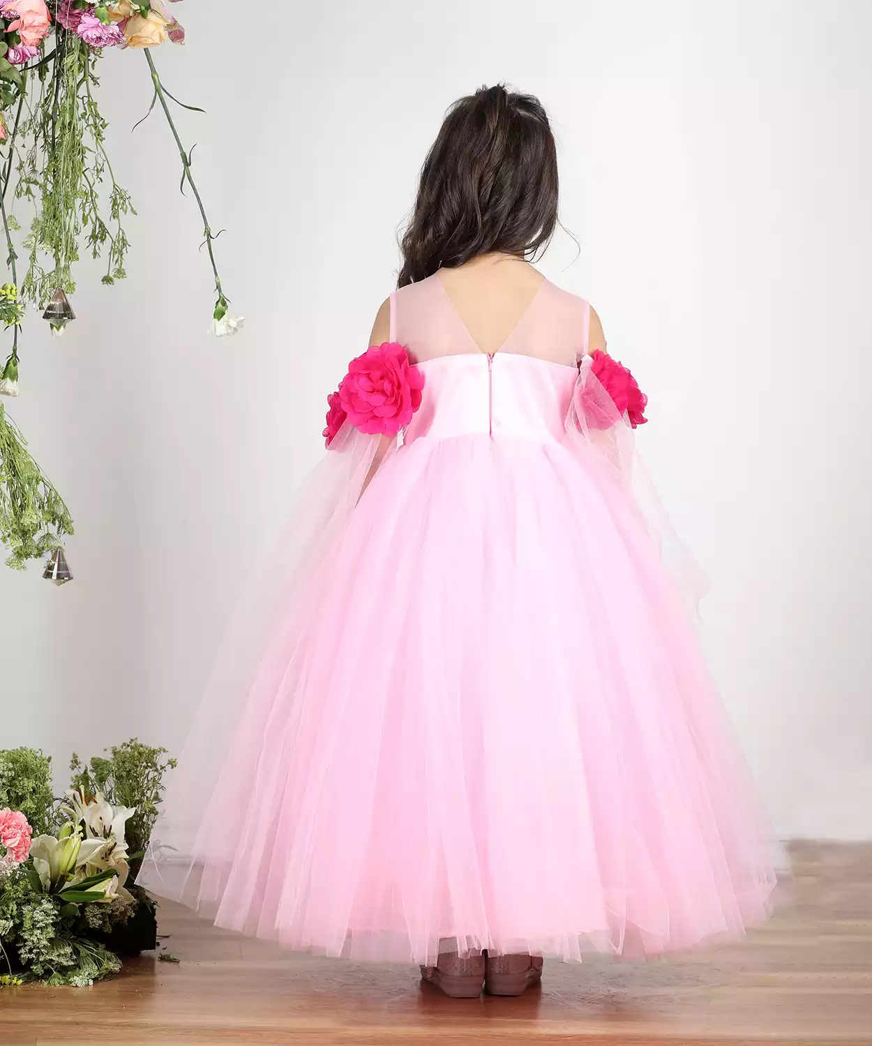 Gown With Drapes And 3D Flower Detailing