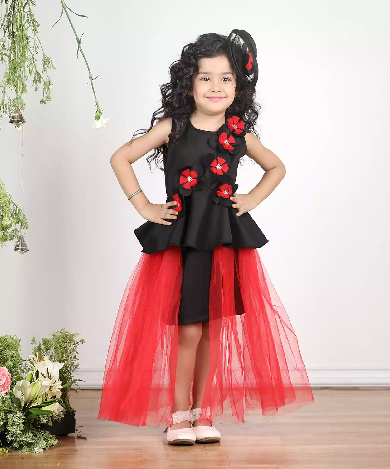 Dress With 3D Flowers And Net Detailing