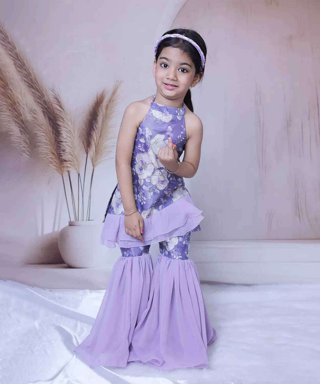 Position Work Silk Fabric Kurta With Ruffel And Georgtee Sharara