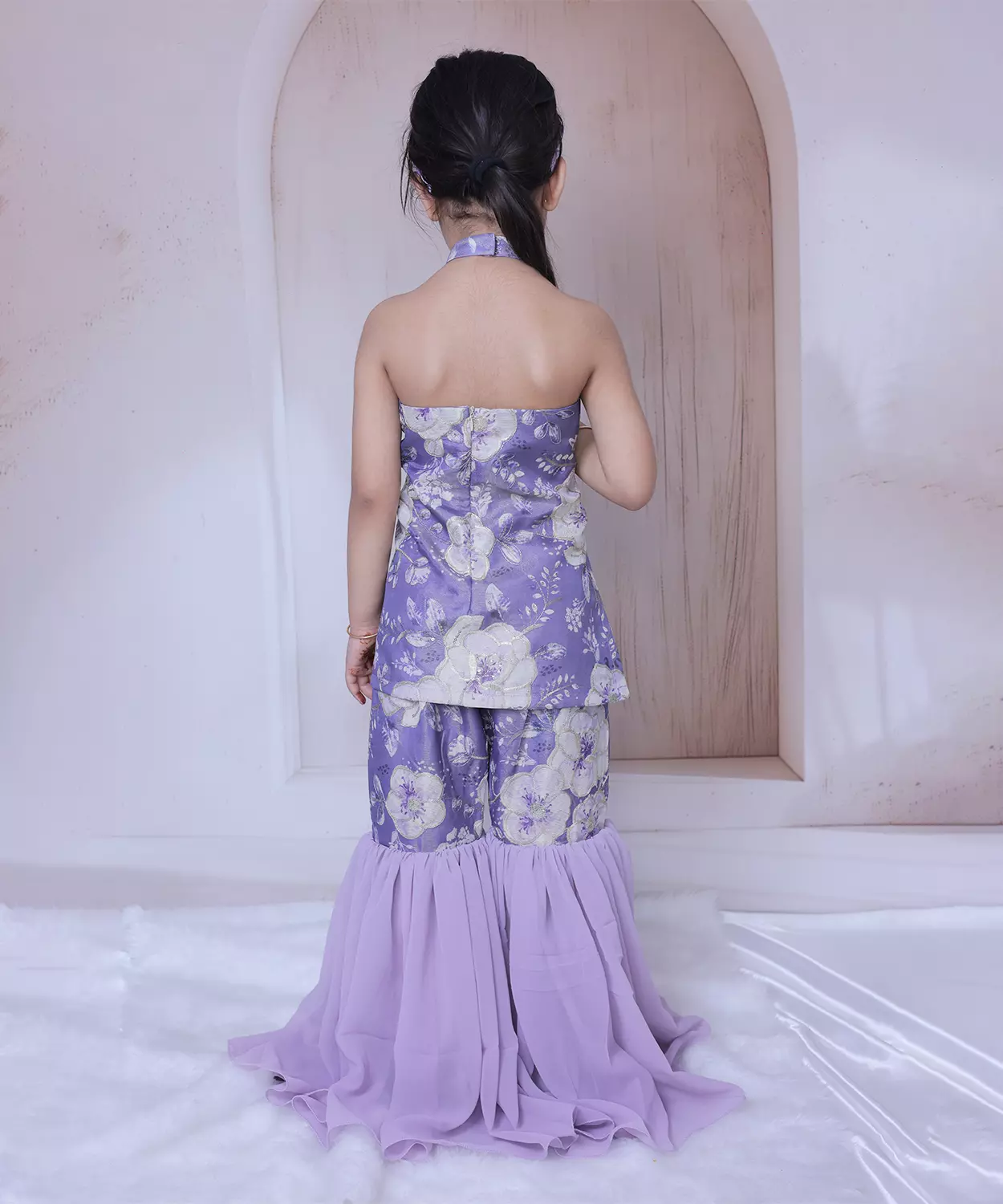 Position Work Silk Fabric Kurta With Ruffel And Georgtee Sharara