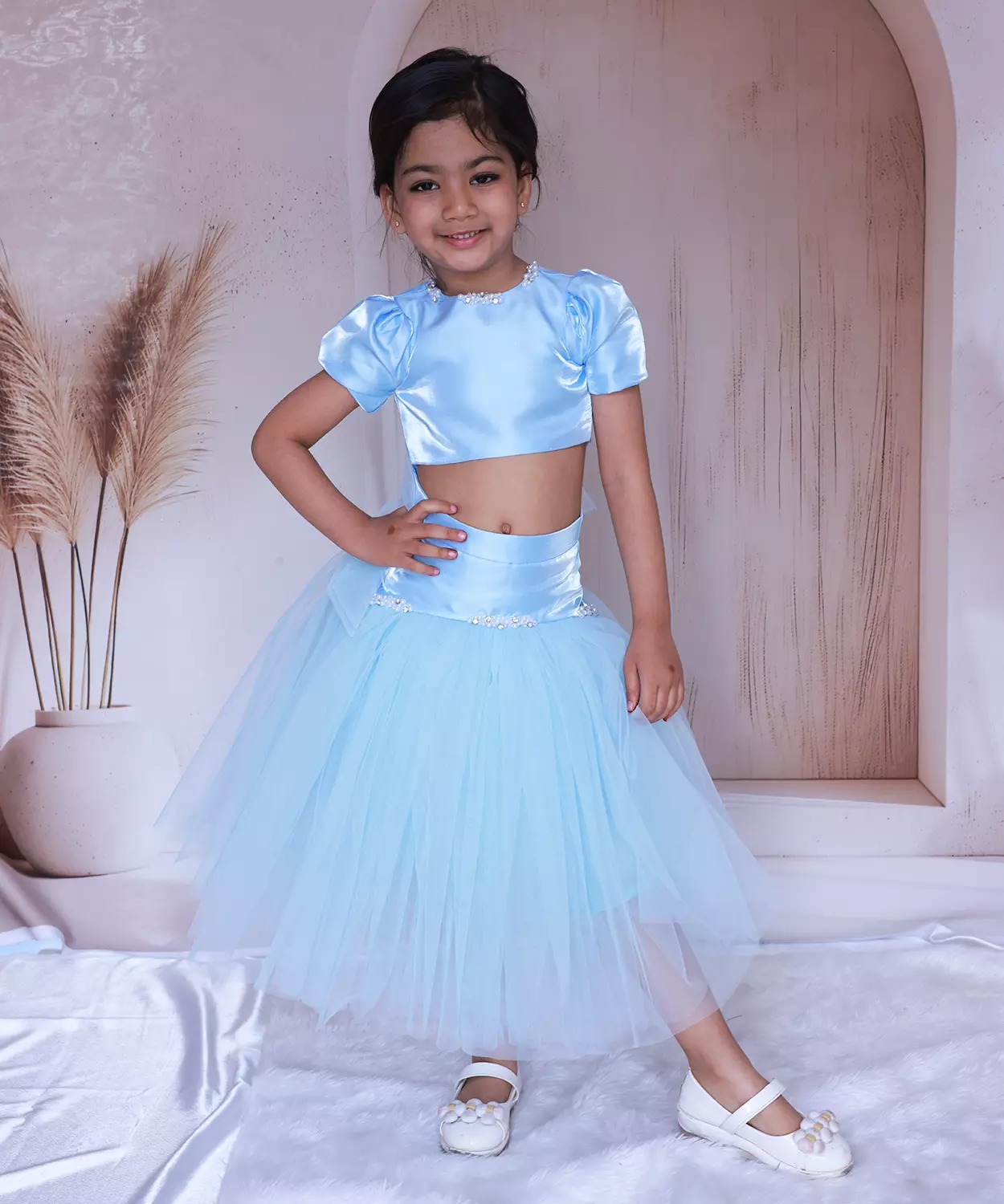 Beautiful Sky Blue Top With Pearl Emblishment Skirt