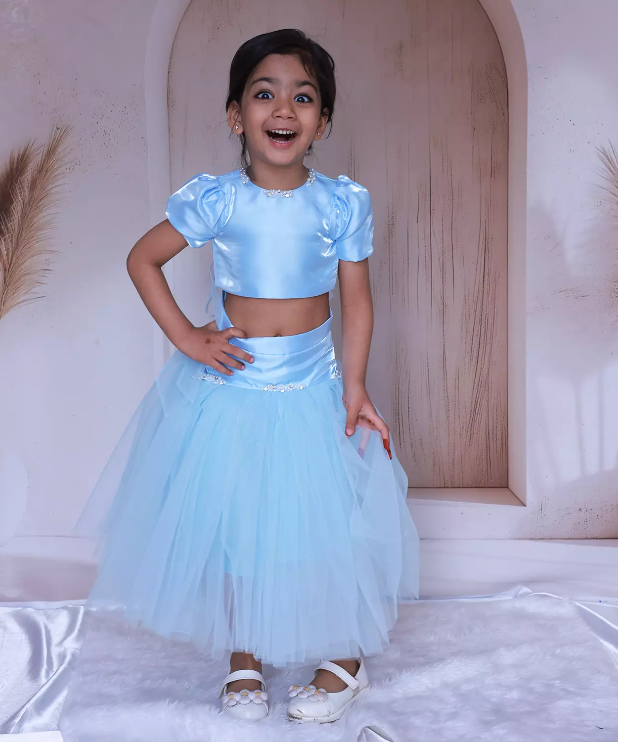 Beautiful Sky Blue Top With Pearl Emblishment Skirt