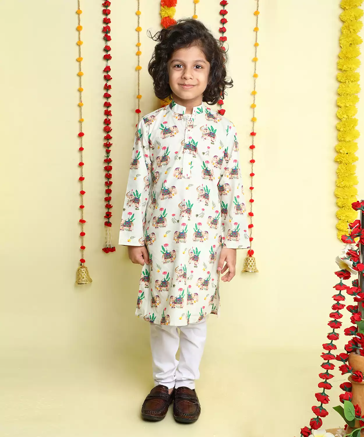 Ivory Heritage Elephant Print Cotton Kurta Set