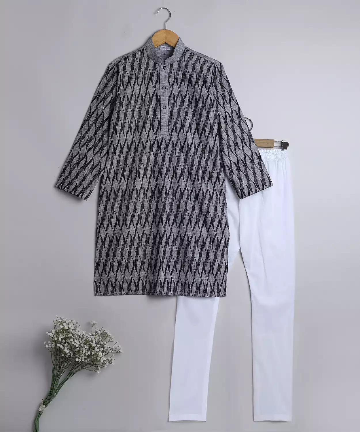 Charcoal Wave Embroidered Kurta Churidar Set