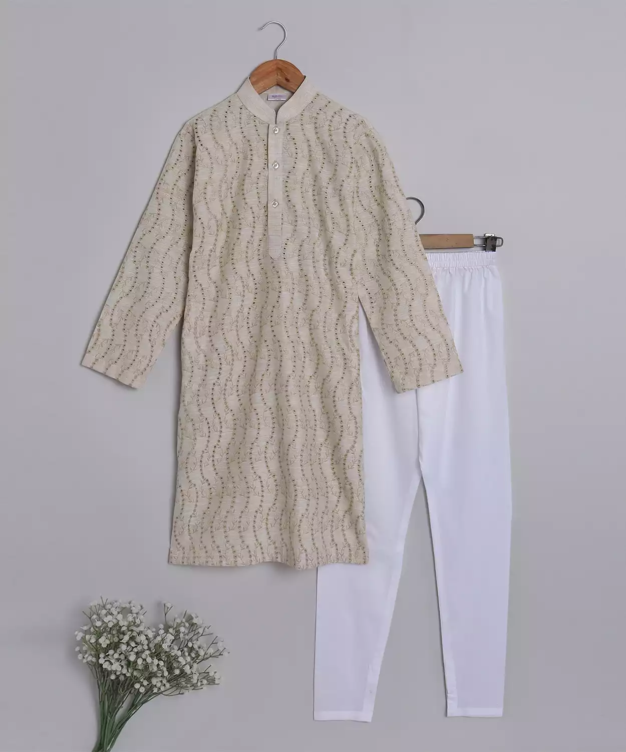 Beige Twirl Embroidered Kurta Churidar Set
