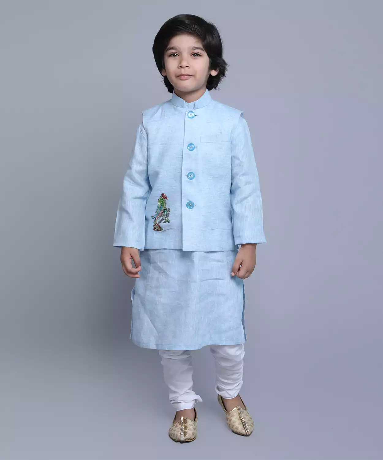 Sky Blue Kurta Set With Embellished Parrot Nehru Jacket