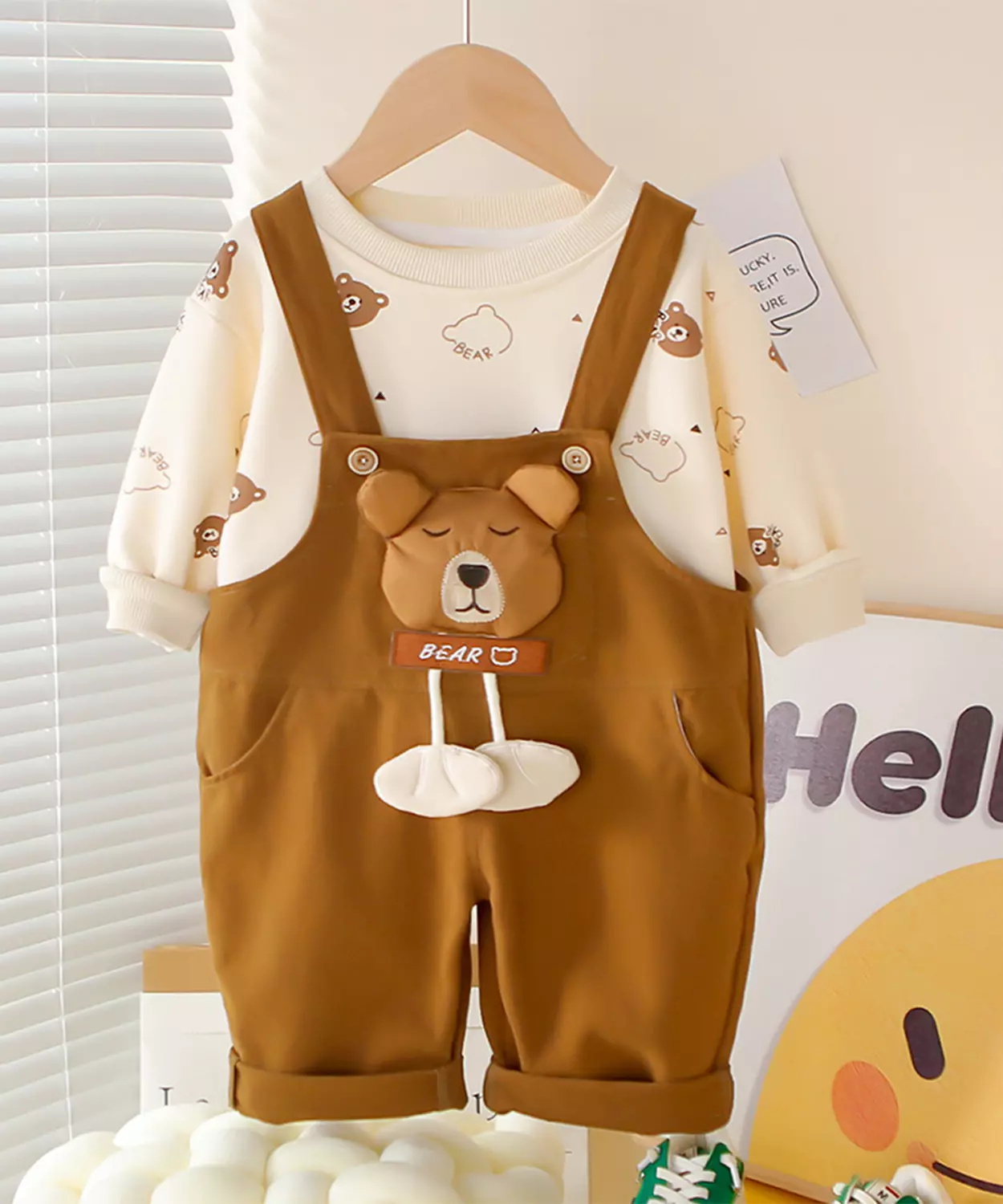 Cream Baseball Bear Dungaree With T-Shirt, 2 Pcs Clothing Set