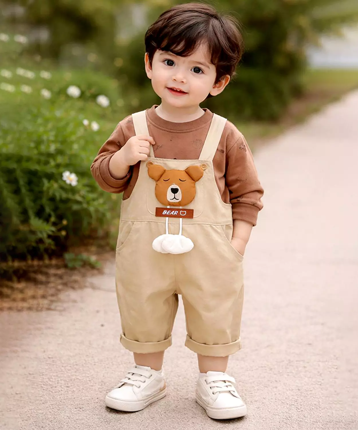 Khakhi Baseball Bear Dungaree With T-Shirt, 2 Pcs Clothing Set