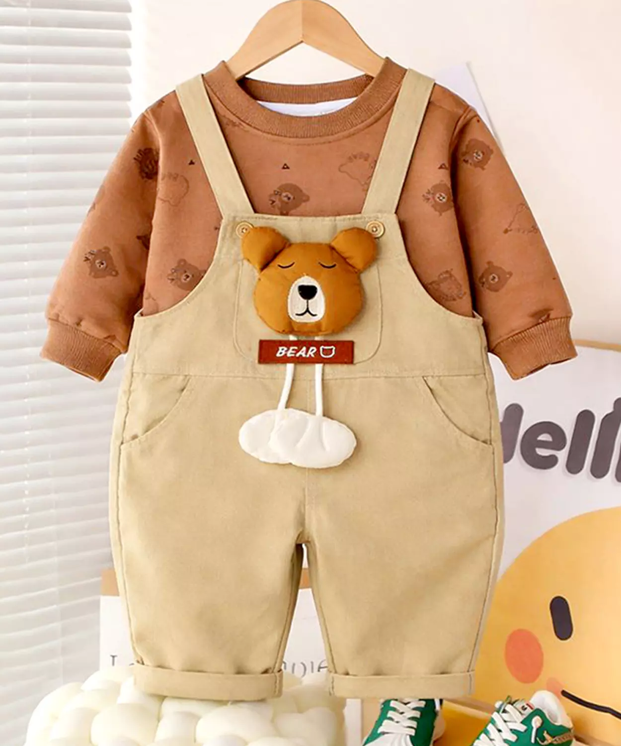 Khakhi Baseball Bear Dungaree With T-Shirt, 2 Pcs Clothing Set