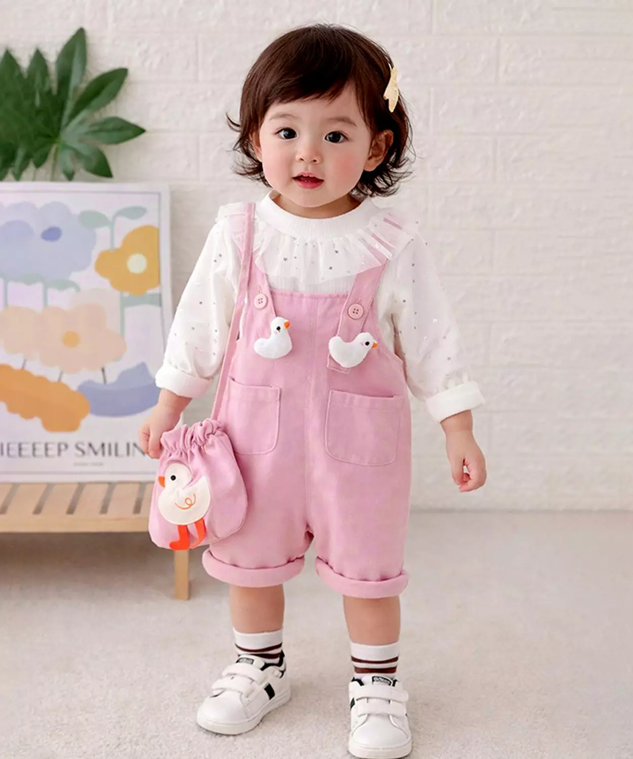 Pastel Pink Duck Dungaree With Frill T-Shirt And Matching Sling Bag, 2 Pcs Clothing Set