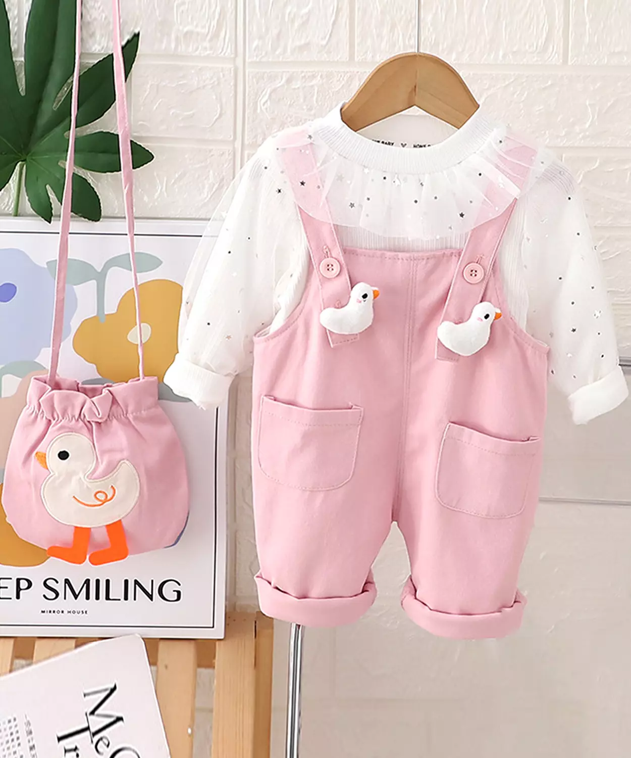 Pastel Pink Duck Dungaree With Frill T-Shirt And Matching Sling Bag, 2 Pcs Clothing Set
