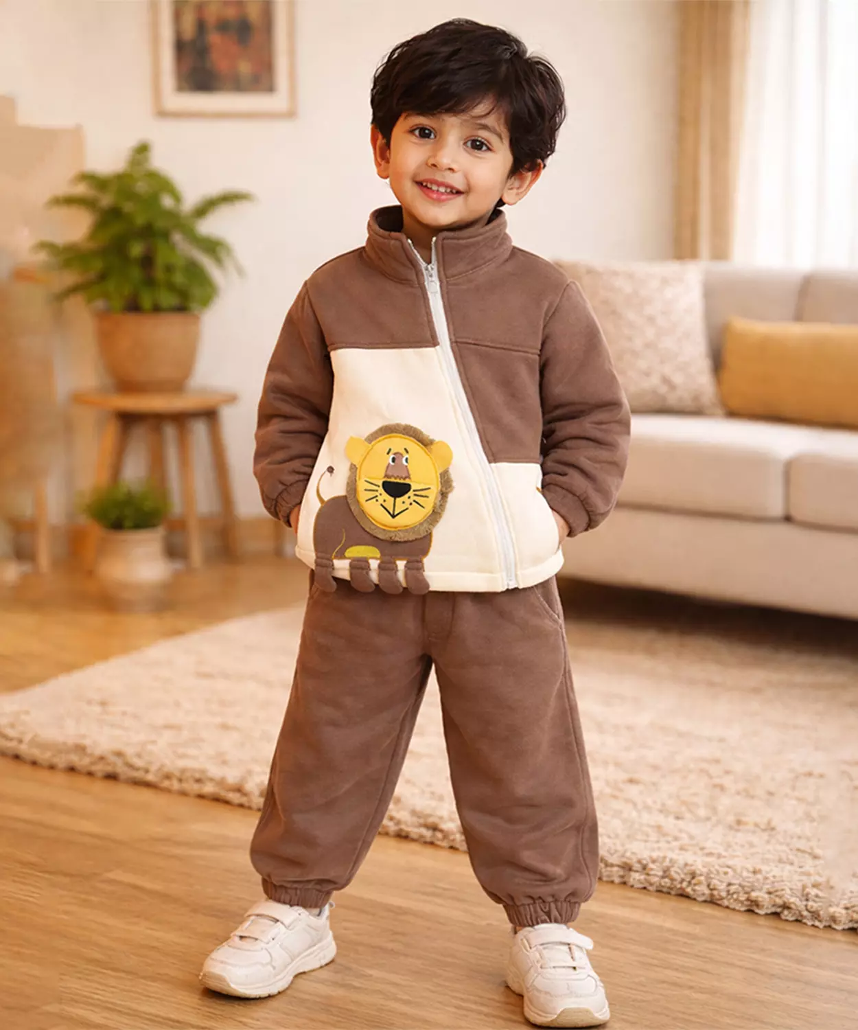 Brown Crew Neck 3D Lion, Fleece Winter Tracksuit Set