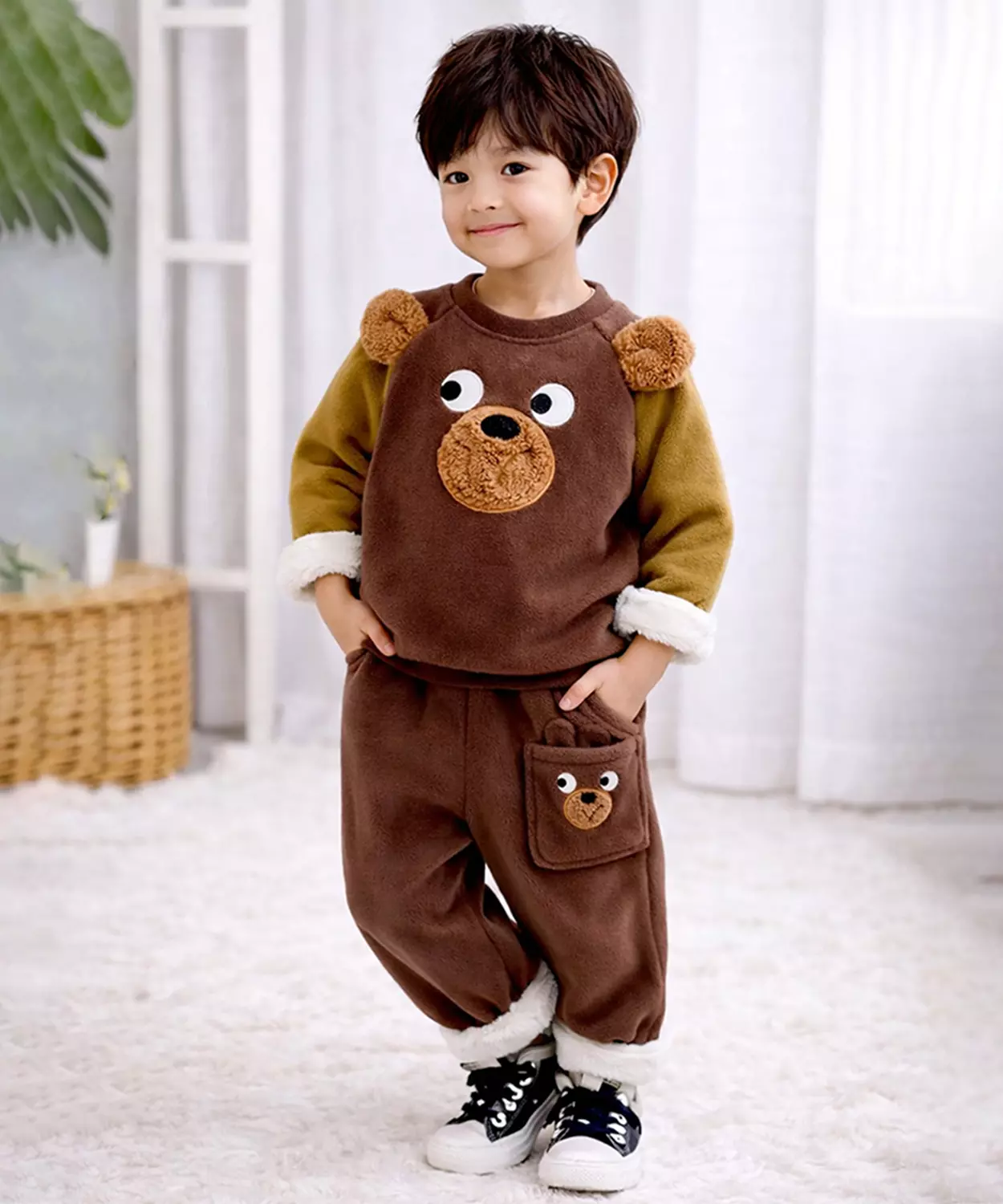 Brown Bear 3D Ears 2pcs Sherpa Winter Tracksuit Set 