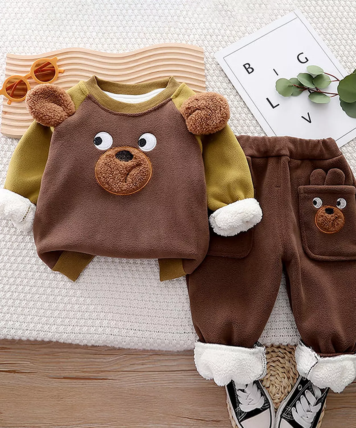Brown Bear 3D Ears 2pcs Sherpa Winter Tracksuit Set 