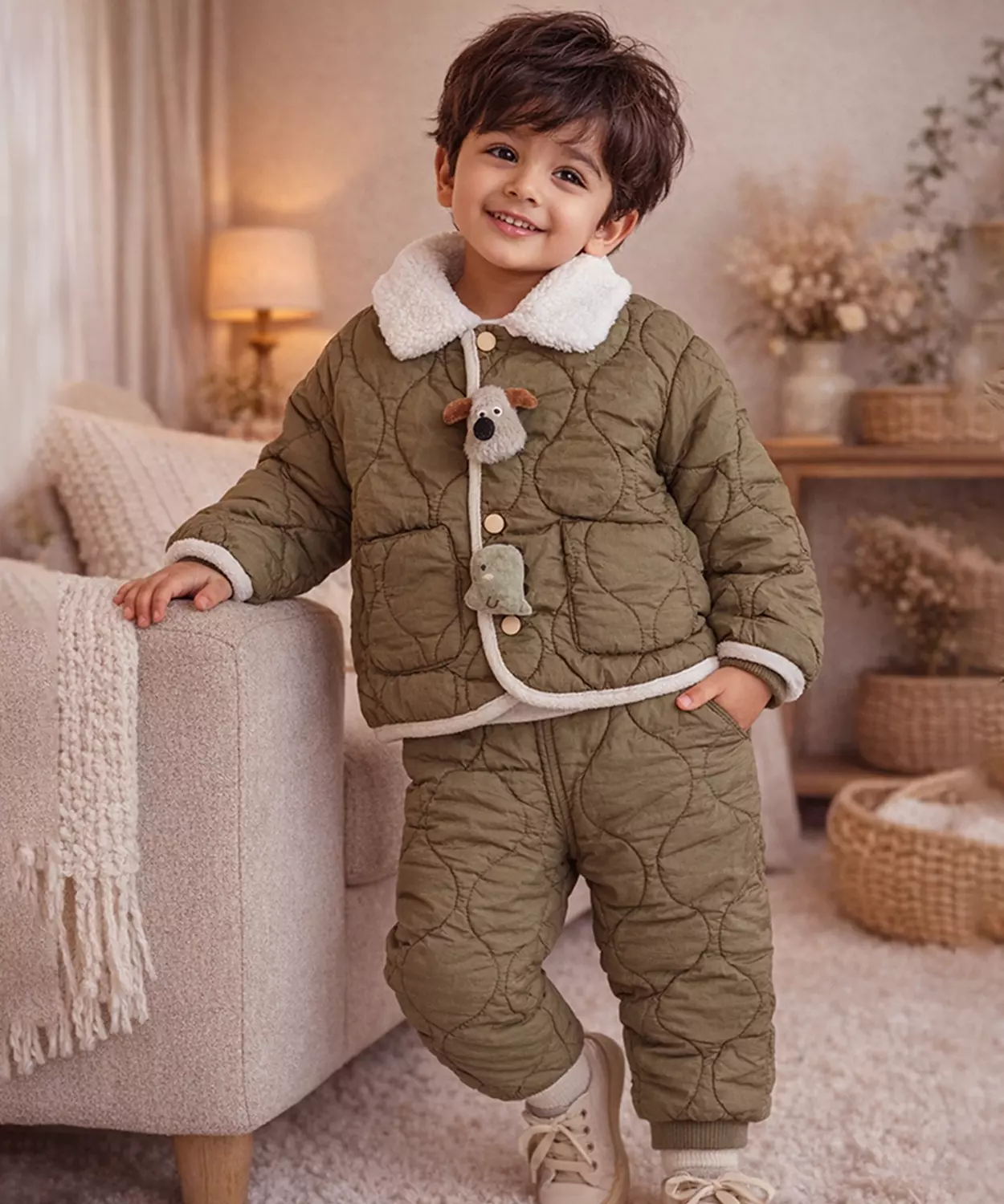 2 Pcs Brown Quilted Puffer Winter Jacket With Pants Co-Ords Set