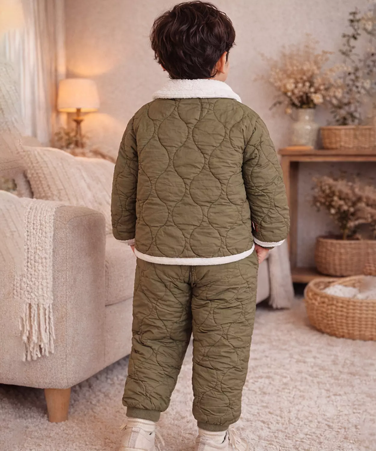 2 Pcs Brown Quilted Puffer Winter Jacket With Pants Co-Ords Set