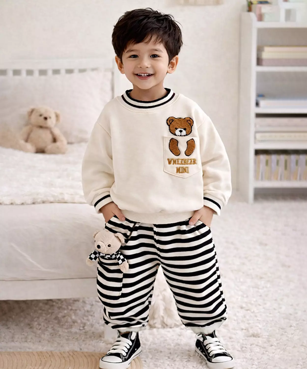 Cream & Black Pocket Bear Fleece Winter Tracksuit Set